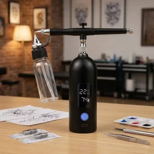 Commercial High PSI Maintenance Free Airbrush for Tattoo and Body Painting Kit with LED Display and 6 Nozzle Sizes