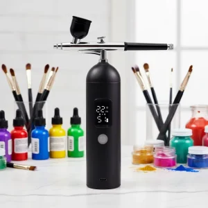 Complete Dual Action Copper Airbrush Kit with Gravity Feed 35PSI Airbrush Compressor Featuring LED Display & Auto Stop