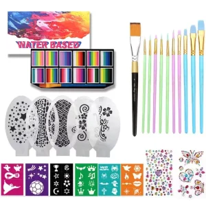 Complete Face Body Painting Kit for Beginners 18 Colors Cakes Brushes Stencils Guide Book Easy Use Washable Face and Body Paint