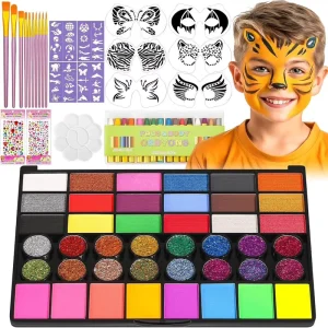 Complete Face and Body Paint Kit With Reusable Stencils Brushes and Gem Stickers