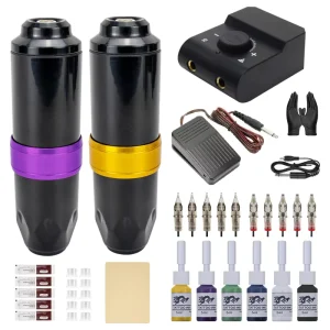 Complete Rotary Tattoo Kit 2 Machine Guns 6 Color Inks Power Supply