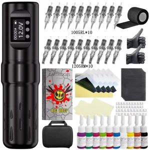 Complete Tattoo Gun Kit Digital LED Display Wireless with 10Pcs Cartridge Needles for Tattoo Artist