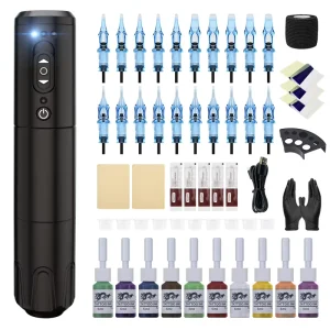 Complete Wireless Tattoo Machine Pen Kit Cartridge Needles Tattoo Set