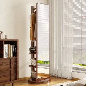 Contemporary 360 Degree Rotating Full Length Ultra Clear Glass Floor Mirror Aluminum Alloy Frame Coat Rack Storage Shelf for