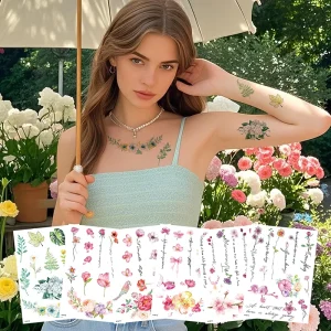 Creative Body Art Decals Hand-Drawn Flowers Temporary Tattoo Stickers for Weddings & Festivals Printed on Paper