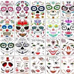 Cross-Border Exclusive Halloween Party Face Tattoo Stickers Water Transfer Printed Water Film Paper Colorful Sugar Skull Day