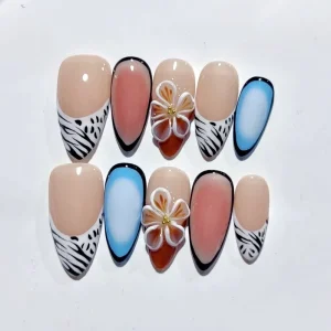 Cross-border Foreign Trade Handmade Wearable Press-On False Nails French-style 3D Sculpted Floral Almond-shaped Flower Shell