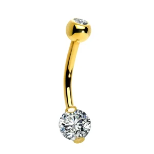 Crystal 14K Solid Gold Yellow Gold Jeweled Fancy Flowers with CZ Stone Belly Ring Jewelry