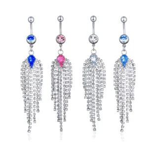 Crystal Tassels Peacock Tail Belly Ring Stainless Steel Bead Chain Women Piercing Jewelry Rhinestone Navel Button Rings