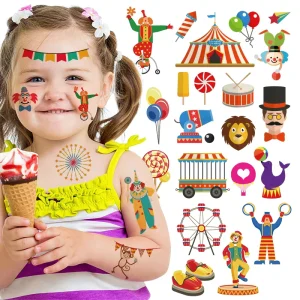 Custom 10 Sheets Non Toxic EN71 Certified Kids Tattoo Stickers Waterproof Temporary Body Art Amusement Park Circus Clown Magic