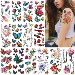 Custom 3D Waterproof Tattoo Stickers in Stock Color Printing butterfly Flowers Tattoo Stickers