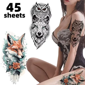 Custom 45 Sheets Large Size Arm Waterproof Animal Wolf Dragon Flower Temporary Tattoo Stickers for Men Women
