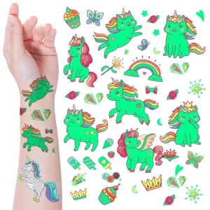 Custom 5 Sheets Glow in Dark Luminous Unicorn Theme Temporary Tattoo Stickers PET Film for Girls Kids 120x76mm