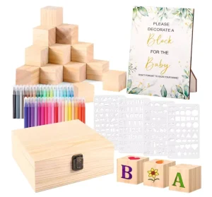 Custom 92 Pcs Fun Baby Shower Games Sign Kit Coloring Blocks for Wooden DIY Blank Blocks Freehand Painting 36 Paint Markers OEM