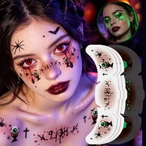 Custom AW26 Luminous Night Glow Ghost Eyeball Spider Spooky Help Text Non toxic Halloween Face Decor Temporary Tattoo Stickers