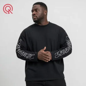 Custom American Retro Trend Style Men’s Black Heavyweight Calligraphy Script Logo Screen Print Long Sleeve T-shirt