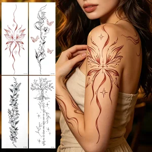 Custom Bold Graphic Vibrant Red Abstract Flame Butterfly Arm Non toxic Temporary Tattoo Stickers for Women Artistic Body Art