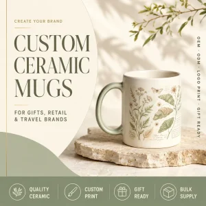 Custom Ceramic Mug Botanical Floral Butterfly Sage Green Handle Coffee Tea Cup Logo Print Gift Box OEM ODM