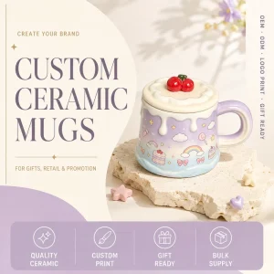 Custom Ceramic Mug Kawaii Pastel Gradient Frosting Lid Cherry Design Gift Coffee Tea Cup Logo Print OEM ODM