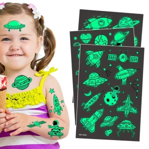 Custom Children Cartoon Luminous Space Rocket UFO Kids Glow in the Dark Fake Tattoo Sticker Waterproof Temporary Tattoo