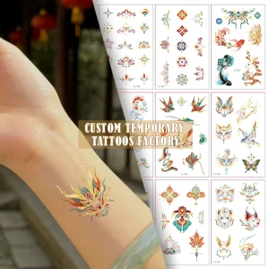 Custom Chinese Ancient Gold Foil Temporary Tattoo Stickers Metallic Waterproof Sweatproof Tattoos Factory Party