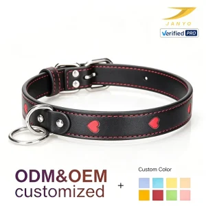 Custom Cute Red Heart Cut Out PU Pet Collar Black Base Red Sewing Double Metal D ring Decorative Dog Neck Collar