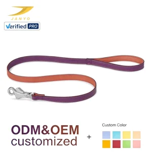 Custom Dual Color Contrast Full Grain Leather Pet Walking Lead Two Layers Smooth Cowhide Silver Hardware Swivel Snap Hook
