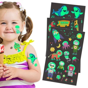 Custom Eco-Friendly 16 Sheets Kids Fluorescent Glow in the Dark Waterproof Cute Cartoon Luminous Temporary Tattoo Stickers