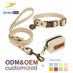 Custom Engraved ID Tag 3 in 1 Set Vintage Antique Bronze Metal PU Pet Collar Leash Combo With Canvas Waste Bag Dispenser