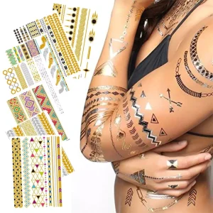 Custom Featuring Geometric Floral Tribal Designs Elegant Vintage Retro Metallic Gold Foil Temporary Tattoo Stickers