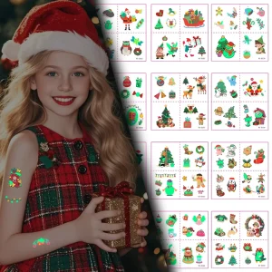 Custom Festive Glow in Dark Body Art Kit Temporary Water Transfer Tattoo Stickers for Holiday Parties Christmas Themed White