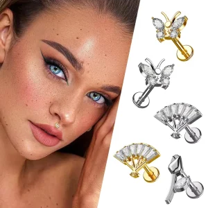 Custom Geometric White Zircon Butterfly Flower Labret Earring Ear Stud Titanium Threaded 16g 18g Labret Piercing Jewelry