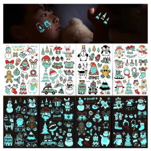 Custom Glow in the Dark Blue Light Christmas Glow Temporary Santa Tattoo Stickers 8.26×5.7 Inches
