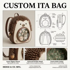 Custom Hedgehog Ita Bag Brown Vegan Leather 3D Prickle Texture Acorn Zipper Charm Forest Lining Pin Display Backpack
