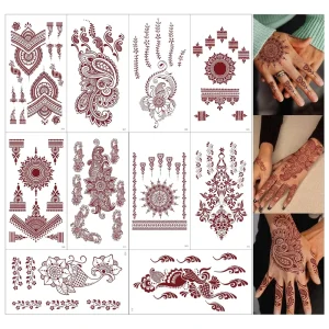 Custom High Quality Red Brown Temporary Henna Tattoo Stickers Waterproof Mehndi Temporary Body Art for Hand