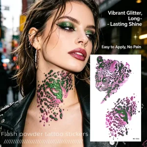 Custom High Quality Shimmering Flash Powder Green Pink Leopard Cheetah Animal Print Non-toxic Temporary Tattoo Stickers for Body