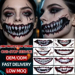 Custom Horror Mouth Smile Temporary Tattoo Realistic Scary Joker Tattoo for Cosplay