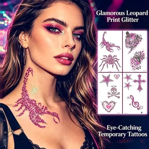 Custom Intricate Sparkling Pink Leopard Print Scorpion Spider Star Skull Heart Non-toxic Temporary Tattoo Stickers for Party