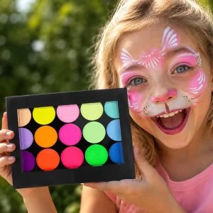 Custom Logo 15 Neon UV Color Face Paint Palette Water Activated Easy Wash Off No Staining Cosmetic Grade High Pigment