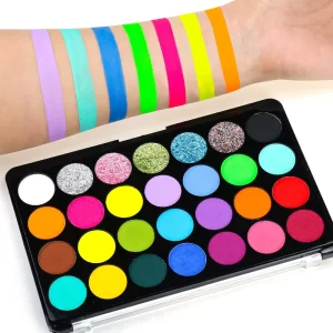 Custom Logo 28 Matte Neon Glitter Face Paint Palette Water Activated High Pigment Easy Wash Off No Staining Cosmetic Grade