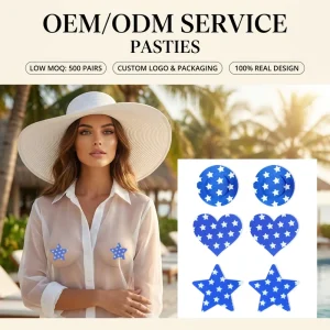 Custom Logo Blue Satin Nipple Cover White Star Print Private Label OEM ODM Manufacturer Branded Breast Petals Bulk