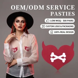 Custom Logo Red Satin Heart Devil Pasties White Bone Print Private Label OEM ODM Manufacturer Breast Petals Bulk
