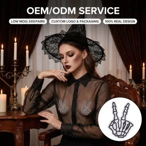 Custom Logo White Glitter Skeleton Hand Peace Sign Pasties Private Label OEM ODM Manufacturer Halloween Breast Petals