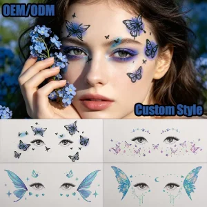 Custom Long Lasting Butterfly Face Tattoo Sticker Waterproof 3D Temporary Tattoo Decals Factory Price Makeup Supply