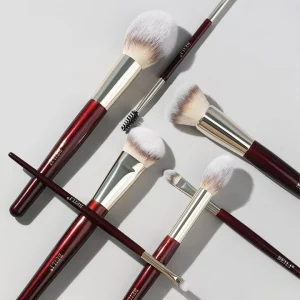 Custom Luxury Vegan Travel Makeup Brush Set Burgundy Red Wood Handle Personalized Gold Makeup Brushes Kit Private Label