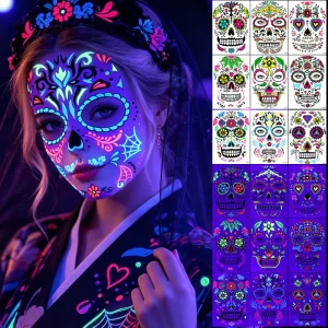 Custom Masquerade Festival Art AW26 Professional Vibrant Neon Sugar Skull Symmetrical Non toxic Temporary Face Tattoo Stickers
