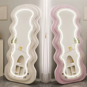 Custom Modern Full-Length LED Wall Mirror Velvet with Irregular Asymmetrical Wavy Squiggle Design Full Body LED Mirror
