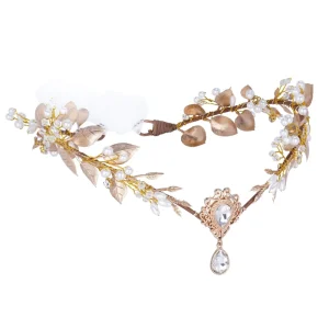 Custom New Gold Tone Leaf Charms Forehead Headpiece Handmade Pearl Bridal Hair Accessory Elegant Decorative Fashion Jewelry Gift