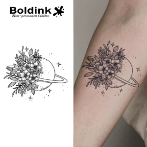 Custom OEM Black Realistic Saturn Floral Body Art Waterproof Long Lasting 2 Weeks Jagua Juice Ink Tattoo Sticker