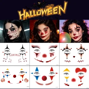 Custom OEM Non Toxic Temporary Tattoo Stickers Halloween Clown Dripping Eye Red Nose Bloody Face Tattoos for